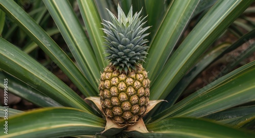 Healthy tropical pineapple fruit developing on an outdoor pineapple plant with a prominent crown