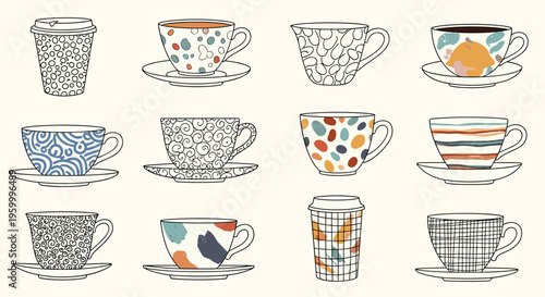 Set of twelve decorative tea and coffee cups with matching saucers featuring unique patterns like swirls, dots, stripes, and abstract shapes.