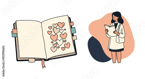 Open journal filled with hand-drawn hearts and a separate illustration of a young girl standing and reading a book on a colorful background.