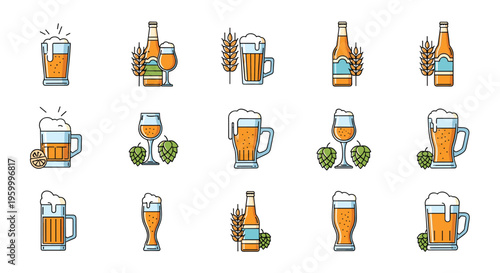 Collection of beer bottles and different types of glasses filled with golden ale featuring hops and wheat elements on a white background.