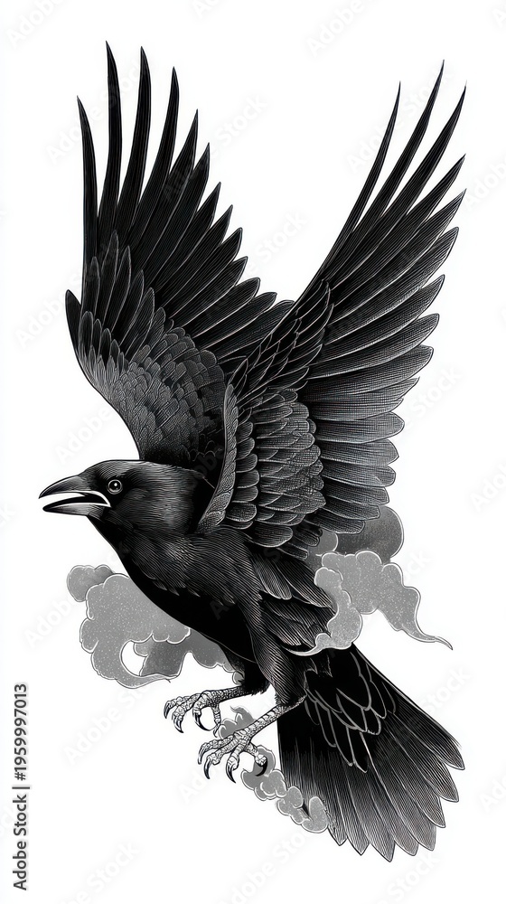 Fototapeta premium Majestic black crow in mid-flight with wings spread wide, detailed feathers and intense gaze, dramatic monochrome illustration