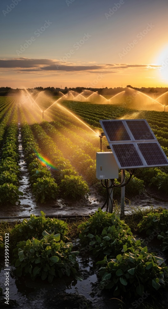 Obraz premium A modern agricultural field is irrigated by automated sprinkler systems powered by a solar panel unit, with rainbow prism light effects 