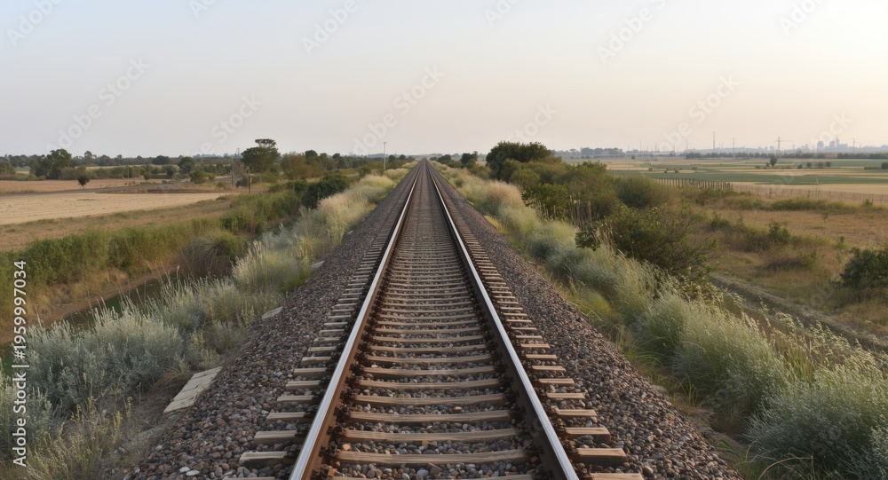 Obraz premium Long stretch of train tracks bordered by small bushes and open fields