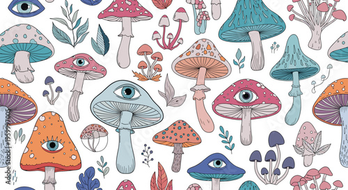 Whimsical seamless pattern featuring mystical mushrooms with large eyes surrounded by leaves and smaller fungi in a colorful bohemian style.