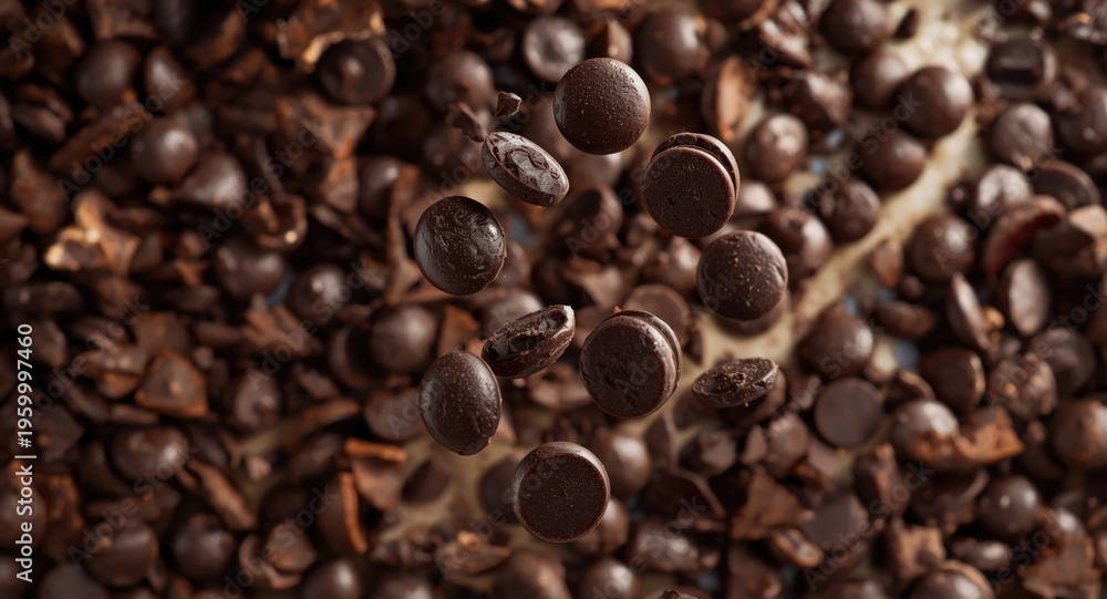 Fototapeta premium Dark chocolate chips suspended in air with a background of broken cocoa pieces