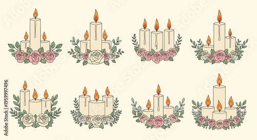 Group of eight candle arrangements decorated with pink roses and green leaves creating a romantic and elegant atmosphere for any occasion.