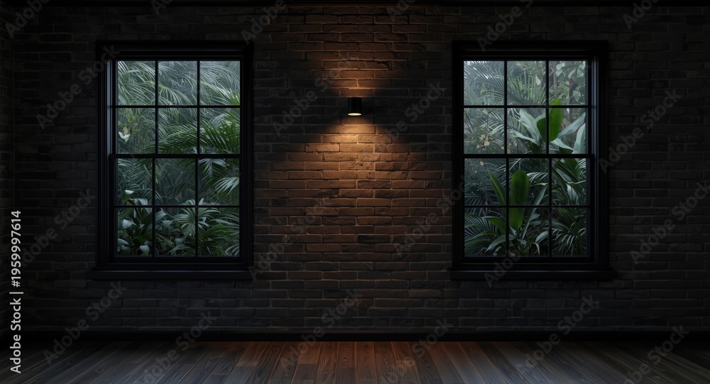 Obraz premium Dark brick wall inside a moody room lit by wall sconces with wide windows displaying lush plants outside