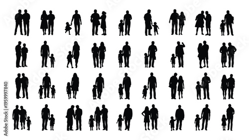 A collection of 40 black silhouettes of people in various poses and interactions