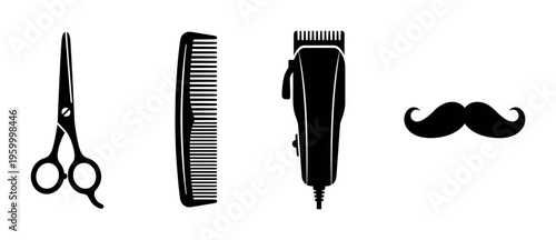Professional barber tools icon set with black silhouettes of scissors, comb, clipper, and mustache. Perfect for hairdressing, grooming, and men's style branding.