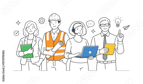 A small diverse group of professionals standing side by side in a unified presentation setting, focusing on team identity and role diversity in a modern workplace, represented by a