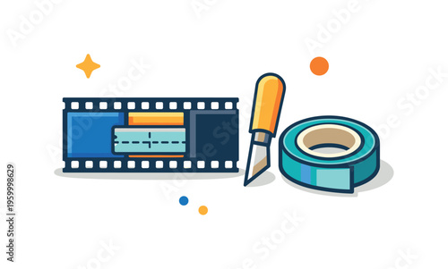 Film splicing and manual editing in analog cinematography workflows, a strip of film with a small cutting tool and a joining tape element representing precise frame alignment and