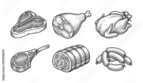 A vintage set of meat products including steak, ham, chicken, and sausage. Black and white vector illustration in an engraving style, perfect for a butcher shop menu design.