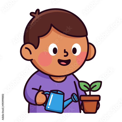 Little boy holding watering can.