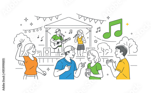 A lifestyle and entertainment setting where individuals participate in a festive gathering filled with music, interaction, and outdoor enjoyment, illustrated by a small group