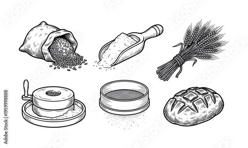 A vintage set of hand-drawn bread baking illustrations. Includes wheat, flour, mill, and a rustic loaf. Perfect for bakery branding, packaging, or organic food menus.