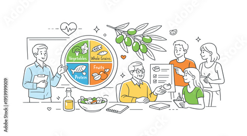 A food and health education scene representing the Mediterranean diet as a guide to heart-healthy living, where a small team discusses and plans meals around two main objects: a