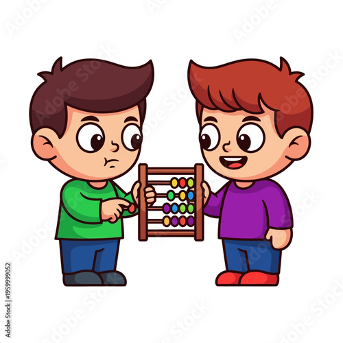 Two boys playing with colorful abacus.