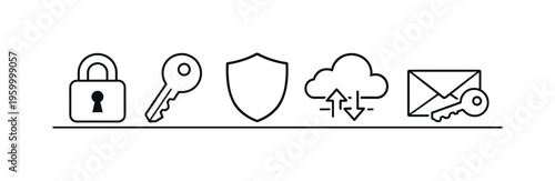Data encryption and secure communication for protecting sensitive information during digital transfer and storage, padlock, key, shield, cloud, and arrow exchange, safety and