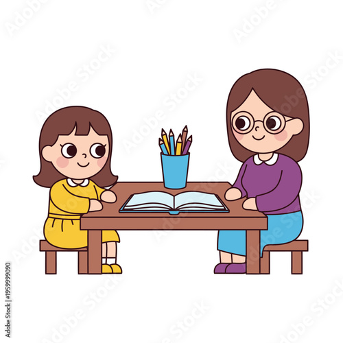 Two girls sitting at desk together.