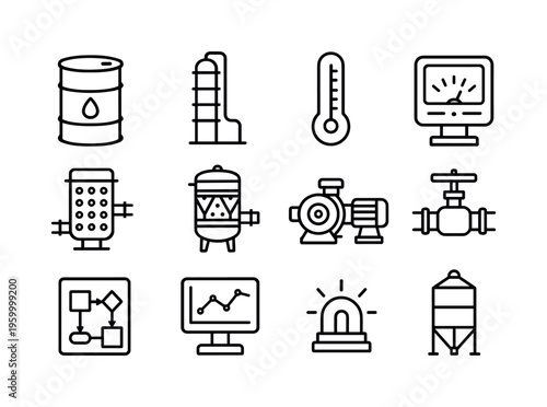 Refining process: crude oil barrel, distillation tower, temperature gauge, flow meter, catalyst bed, filtration unit, pump system, pipeline valve, process diagram, monitoring