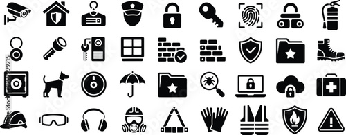 security and protection silhouette icons set. home safety, surveillance, police, guard vector