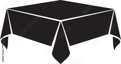 A black tablecloth draped over a rectangular table with neatly folded edges, creating a clean and minimalist look on a plain white background.