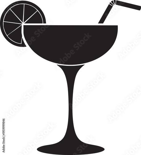 A black silhouette illustration of a margarita cocktail glass with a lime wedge and straw on a white background, perfect for use as a graphic element or icon in various design projects.