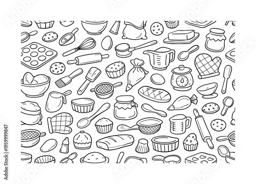 Basic bakery tools doodle pattern with rolling pin, whisk, mixing bowl, flour bag, sugar jar, butter, egg, measuring cup, spoon, spatula, oven mitt, baking tray, cupcake mold