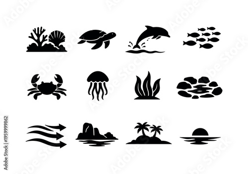 Marine coastal nature: coral reef, sea turtle, dolphin jump, fish school, crab, jellyfish, seaweed, tide pool, ocean current arrows, coastal rocks, island silhouette, horizon line