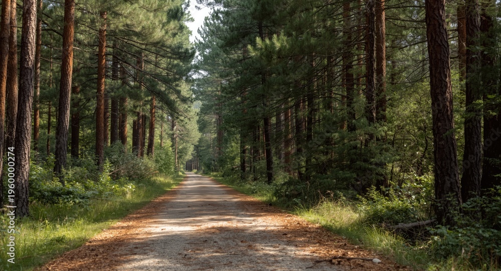Obraz premium Scenic pathway lined with dense forest trees