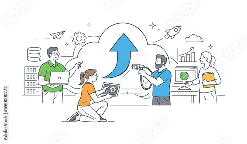 A cloud migration and system upgrade scene showing IT specialists transitioning infrastructure and optimizing performance together around a large cloud and a simple upward arrow