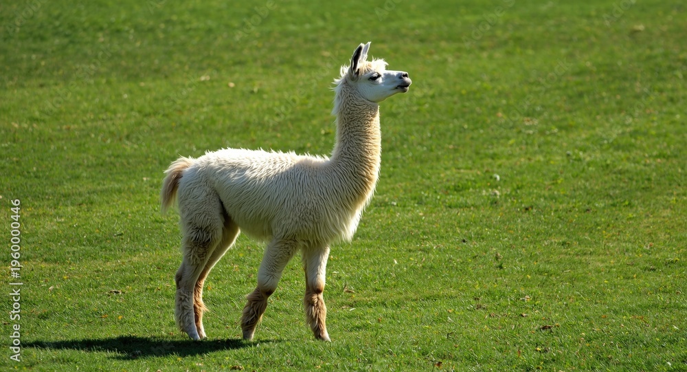 Naklejka premium Playful llama enjoying the summer breeze on an expansive green grass lawn
