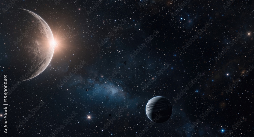 Fototapeta premium Fantasy cosmic scene with detailed bright stars planets and moons set in a star filled universe