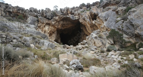 Rocky terrain slope showing large cave entrance in diffuse daylight