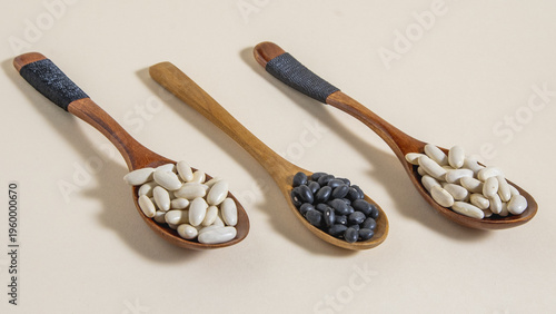 Diferentes tipos de alubia y frijol sobre cucharas de madera sobre fondo blanco