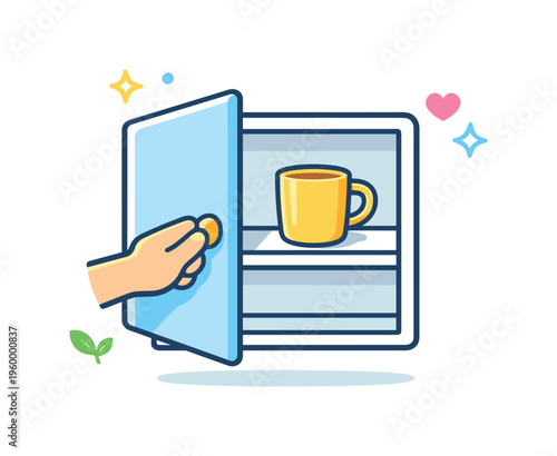 Opening a kitchen cabinet to take out a cup as part of an everyday routine focused on meal preparation and familiar home actions, a cabinet door slightly open with a single cup