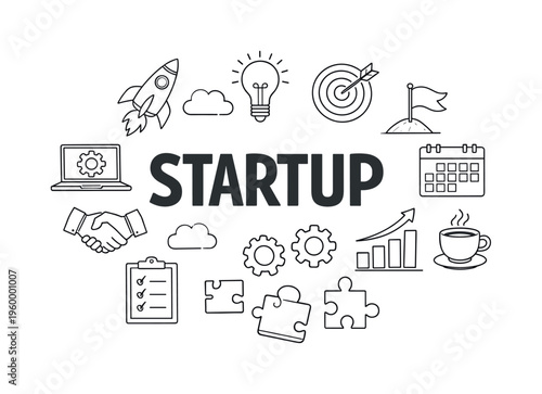 Startup innovation and entrepreneurial mindset concept centered on launching new ideas, building products and scaling business opportunities through creative problem solving and