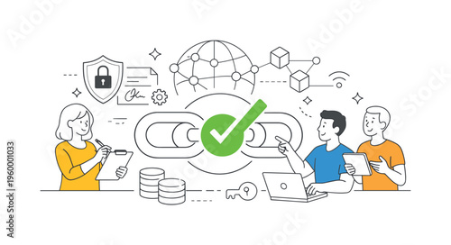A fintech technology setting where teams manage secure blockchain-based signatures to validate contracts and digital assets across distributed networks, represented by a small