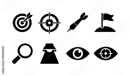 Targeting and focus concept: target bullseye, arrow hitting center, crosshair, dart, magnifying glass, goal flag, spotlight, eye focus