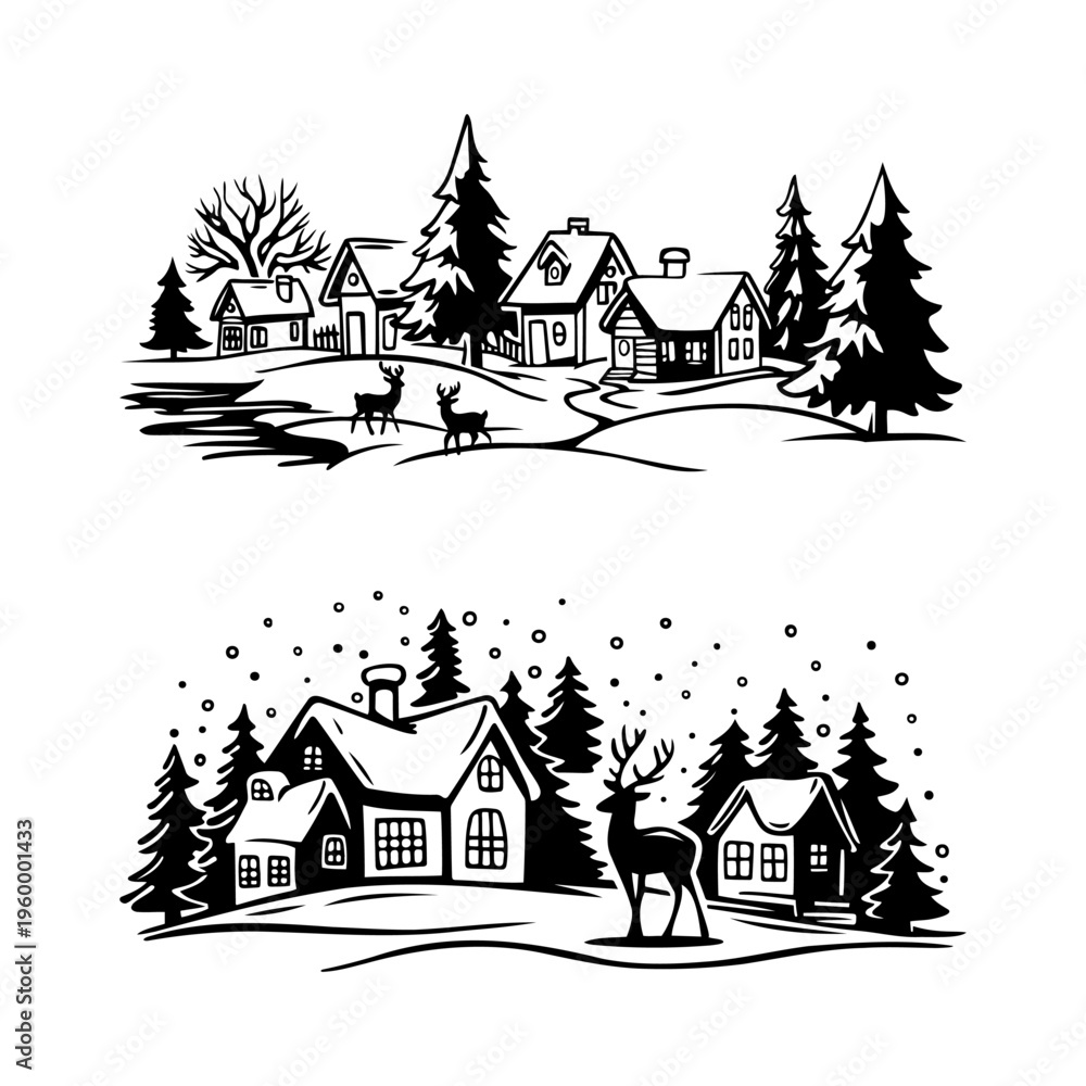 Naklejka premium Winter Christmas Village Scene