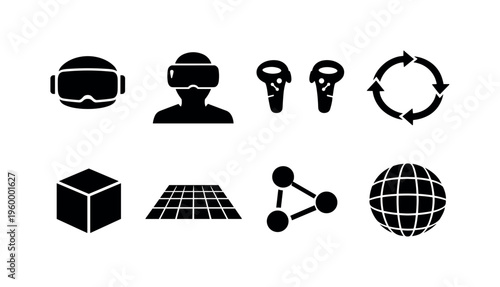 Virtual reality experience: VR headset, user wearing headset, hand controllers, 360 degree arrows, virtual cube, immersive grid, motion tracking sensors, digital environment sphere