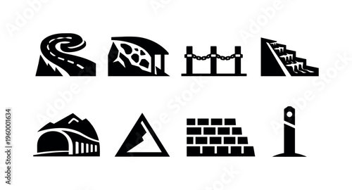 Mountain road engineering safety: hairpin turn spiral bend, rockfall canopy shield frame, guardrail post chain row, slope drainage chute line, snow shed tunnel arch, gradient