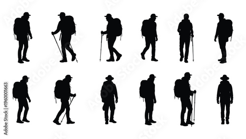 Hikers in various poses with backpacks and walking sticks