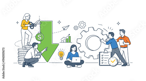 A cost optimization and operational efficiency scene showing a business team reducing expenses and improving processes together around a large downward arrow and a simple gear