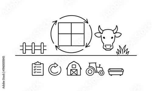 Pasture rotation management and grazing planning for balanced land use and sustainable livestock feeding in agricultural systems, pasture grid map, rotating arrows, cow head, fence