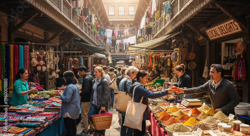 Vibrant market scene with people shopping for colorful textiles and spices