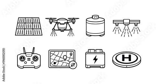 Drone agriculture spraying: crop field grid, spraying drone, liquid tank, nozzle spray, remote controller, gps mapping screen, battery pack, landing pad