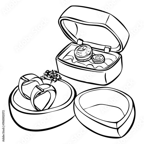 A delicious gourmet wedding cake with cherries and roses sits on a white plate next to wedding rings, featuring a sweet chocolate dessert illustration and fruit on a breakfast table