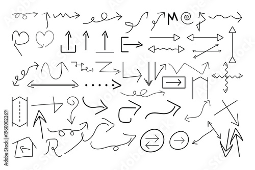Collection of hand drawn arrows and directional symbols