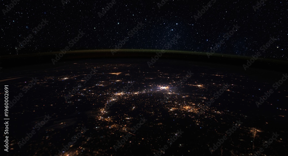 Fototapeta premium Nighttime view of illuminated Earth from orbit with glowing city lights and starry deep blue cosmos